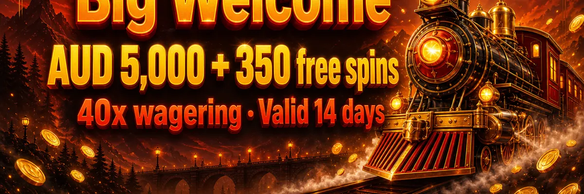 Elaborate steam locomotive with glowing lamps crossing a misty dark landscape, rendered in metallic orange and red with a clear left-aligned text area